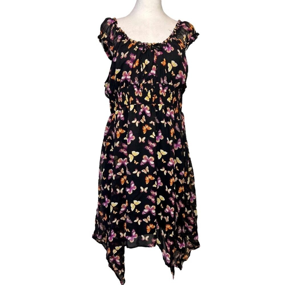 Butterfly Babydoll Dress Size XL Y2K Smocked Handkerchief Hem Black Whimsical